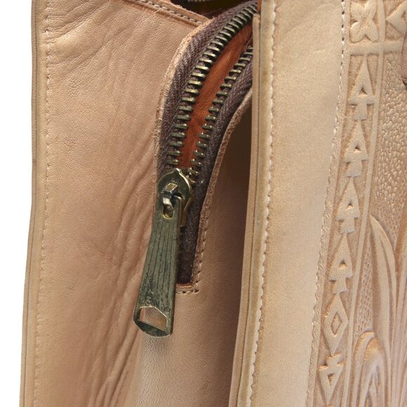 Vintage Mexican Tan Tooled Leather Handbag Purse Mayan Art Bull Retro Top Handle - Picture 10 of 16